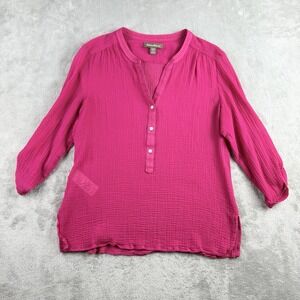 Tommy Bahama Top Womens Medium Pink Fuchsia Gauzy Roll Tab Sleeve Beachy Coastal